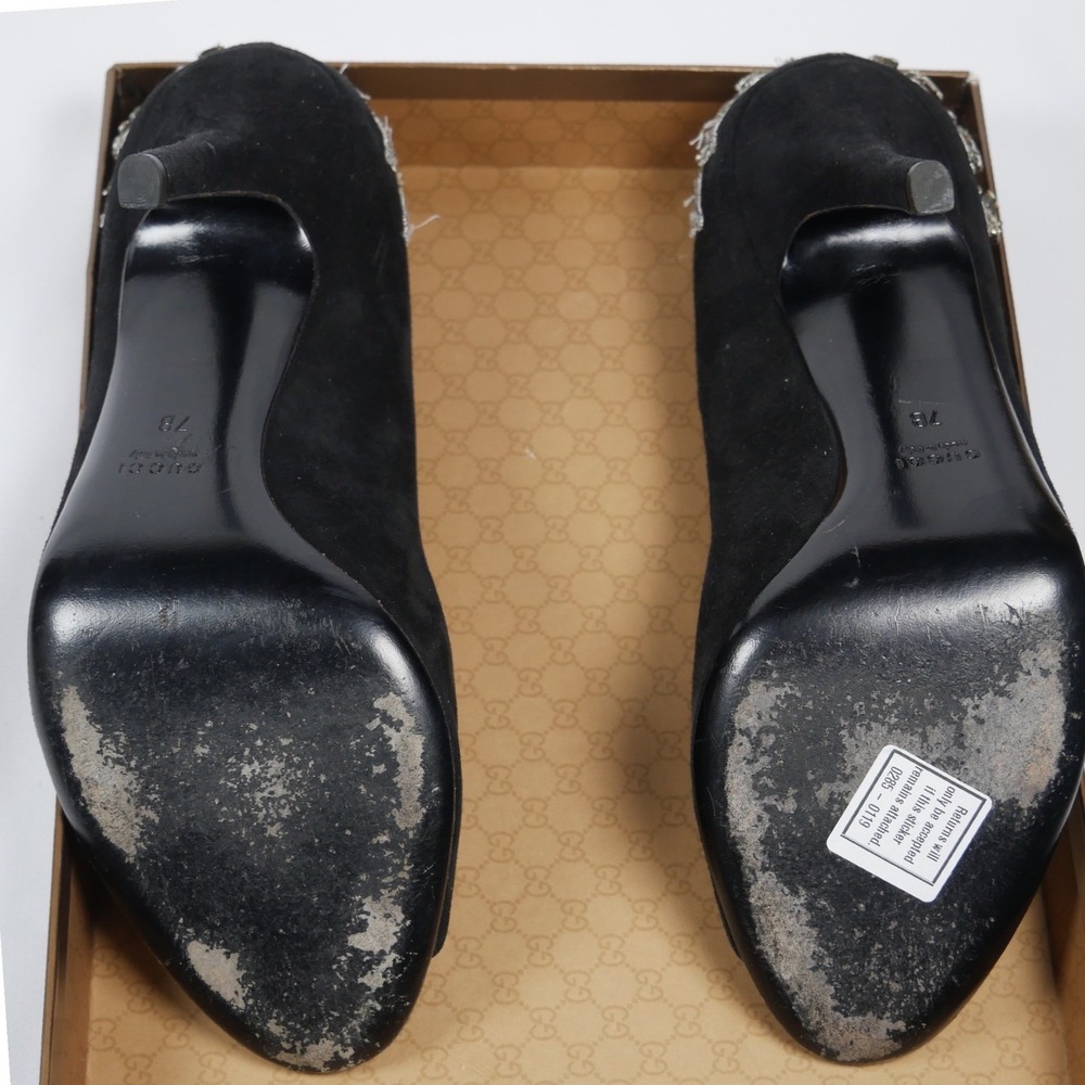 Gucci Black Suede Crystal Embellished Peep Toe Pumps 186938 C2000 7B - Picture 12 of 15